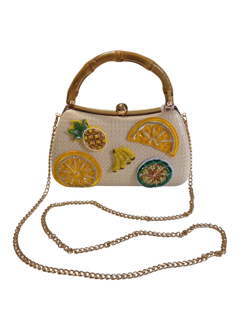 Haute Hippie Woven Straw Bamboo Handle Fruit Beaded Embroidered Crossbody Bag - Picture 1 of 11